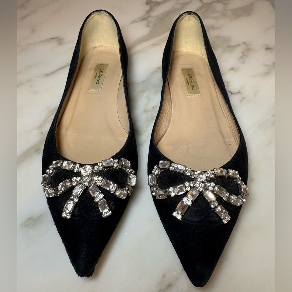 LK Benneth London flats in black with Swarovski crystals bow.